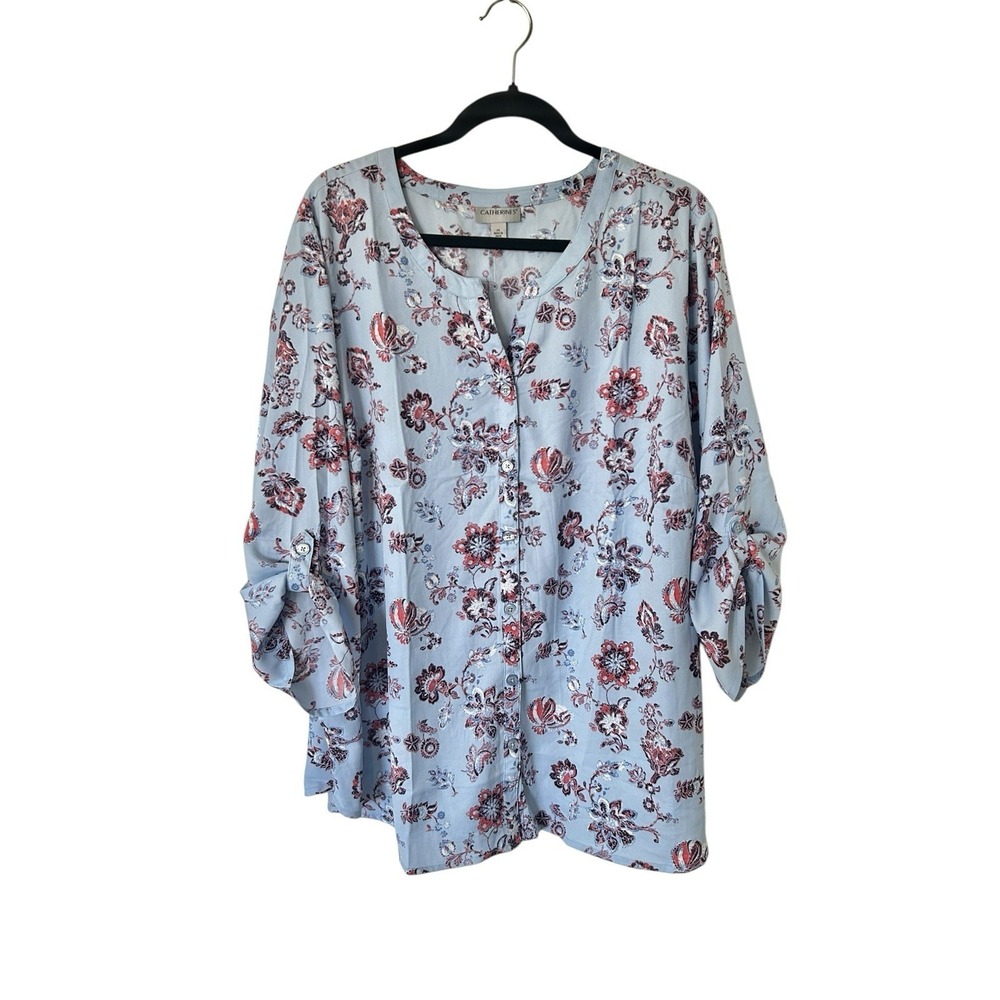 Catherine's Tunic Women's Plus Size 2X Blue Floral 3/4 Roll Tab Sleeve Blouse